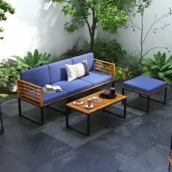Tangkula 5 Pieces Patio Conversation Set, Acacia Wood Chair Set with Ottoman & Coffee Table