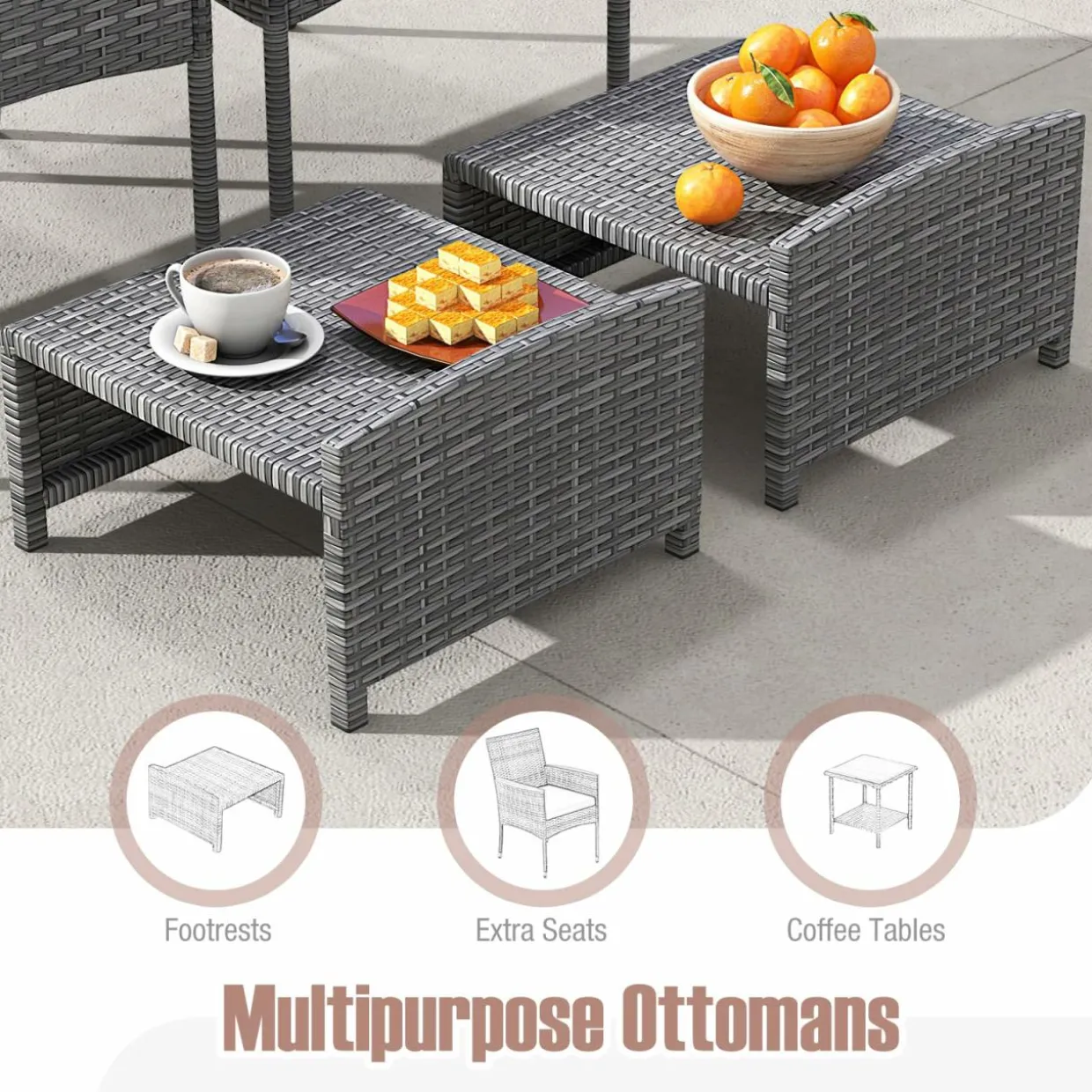 Tangkula 5 Pieces Patio Conversation Set, Outdoor PE Rattan Chairs with Soft Cushions, Ottomans & Tempered Glass Top Table