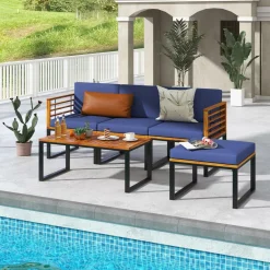 Tangkula 5 Pieces Patio Conversation Set, Acacia Wood Chair Set with Ottoman & Coffee Table