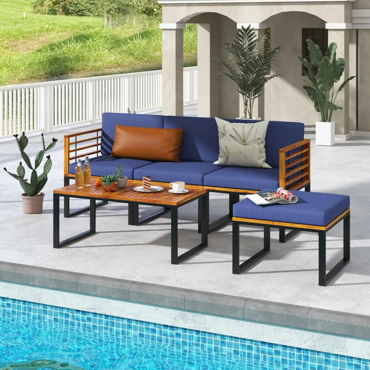 Tangkula 5 Pieces Patio Conversation Set, Acacia Wood Chair Set with Ottoman & Coffee Table