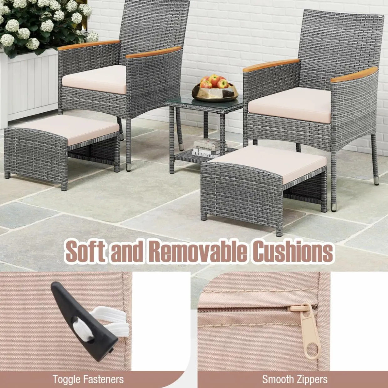 Tangkula 5 Pieces Patio Conversation Set, Outdoor PE Rattan Chairs with Soft Cushions, Ottomans & Tempered Glass Top Table