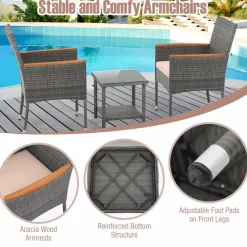 Tangkula 5 Pieces Patio Conversation Set, Outdoor PE Rattan Chairs with Soft Cushions, Ottomans & Tempered Glass Top Table