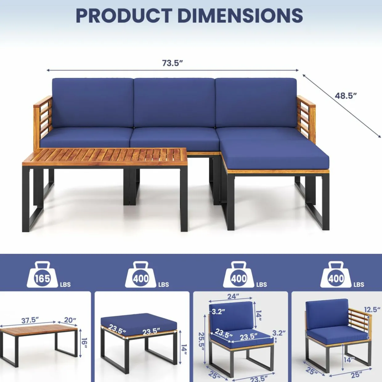 Tangkula 5 Pieces Patio Conversation Set, Acacia Wood Chair Set with Ottoman & Coffee Table