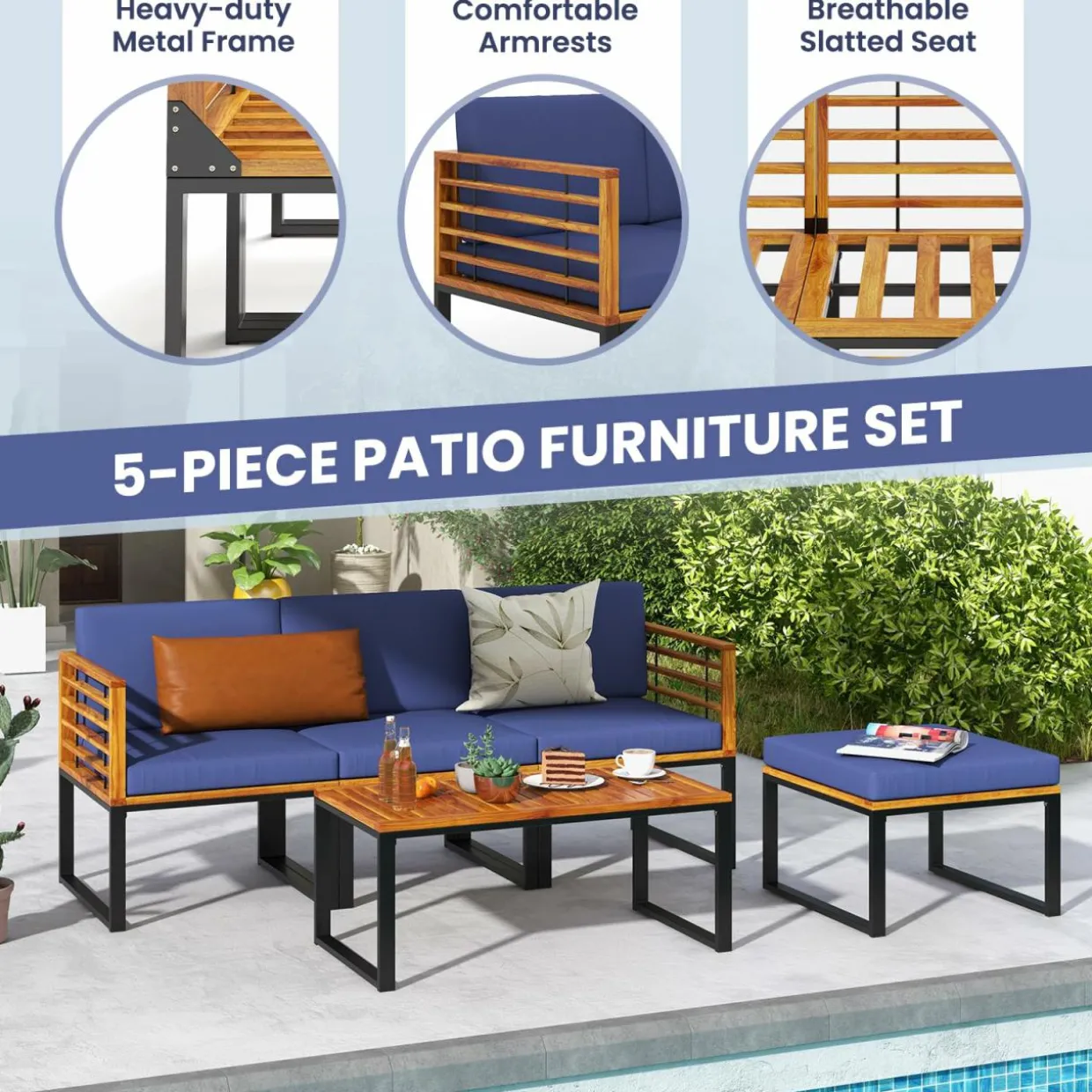 Tangkula 5 Pieces Patio Conversation Set, Acacia Wood Chair Set with Ottoman & Coffee Table