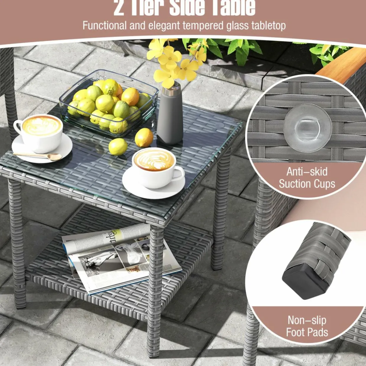 Tangkula 5 Pieces Patio Conversation Set, Outdoor PE Rattan Chairs with Soft Cushions, Ottomans & Tempered Glass Top Table