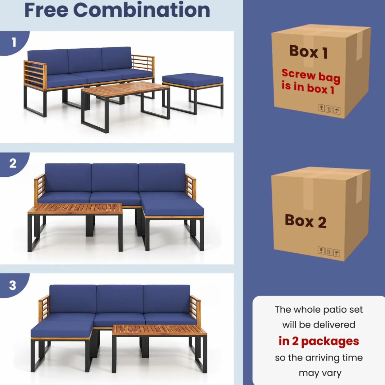 Tangkula 5 Pieces Patio Conversation Set, Acacia Wood Chair Set with Ottoman & Coffee Table