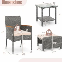 Tangkula 5 Pieces Patio Conversation Set, Outdoor PE Rattan Chairs with Soft Cushions, Ottomans & Tempered Glass Top Table