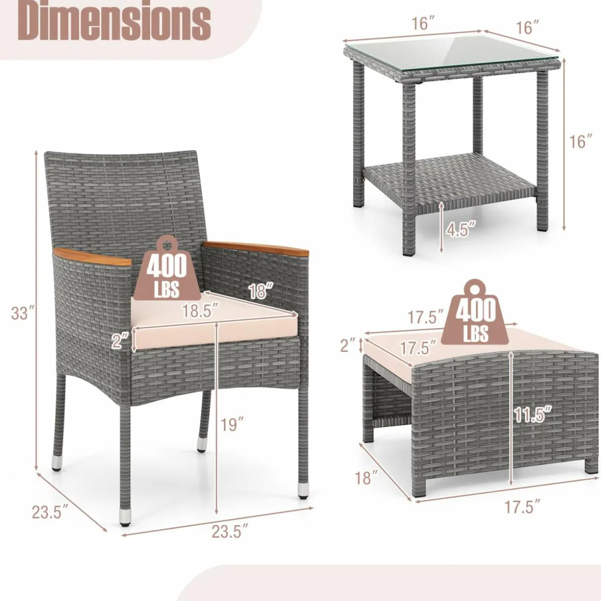 Tangkula 5 Pieces Patio Conversation Set, Outdoor PE Rattan Chairs with Soft Cushions, Ottomans & Tempered Glass Top Table