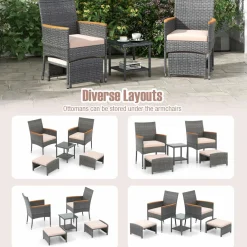 Tangkula 5 Pieces Patio Conversation Set, Outdoor PE Rattan Chairs with Soft Cushions, Ottomans & Tempered Glass Top Table