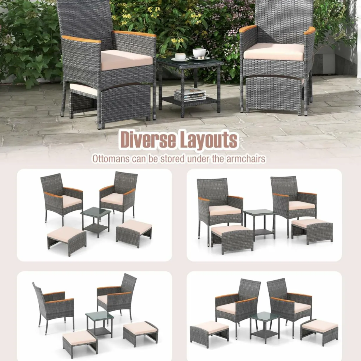 Tangkula 5 Pieces Patio Conversation Set, Outdoor PE Rattan Chairs with Soft Cushions, Ottomans & Tempered Glass Top Table