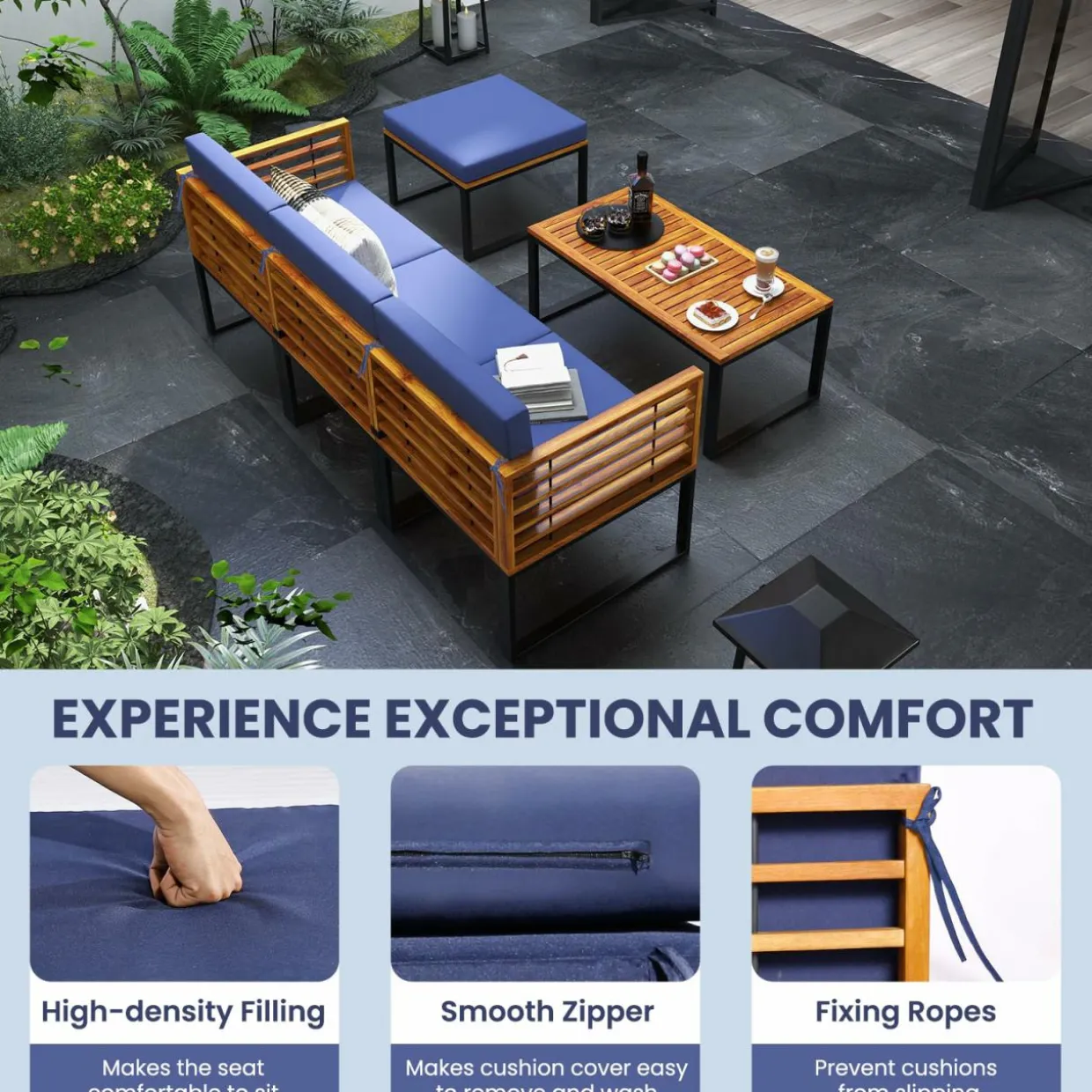 Tangkula 5 Pieces Patio Conversation Set, Acacia Wood Chair Set with Ottoman & Coffee Table