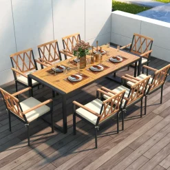 Tangkula 9 Pieces Patio Dining Set, Outdoor Acacia Wood Table and Chairs with Soft Cushions and 1.9” Umbrella Hole