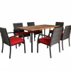 Tangkula 7 Pieces Patio Dining Set, Acacia Wood Wicker Dining Furniture Set with Sturdy Steel Frame & Umbrella Hole