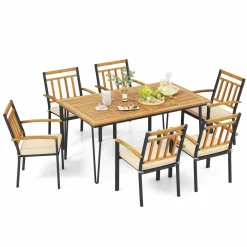 Tangkula 7 Pieces Patio Dining Set with Acacia Wood Dining Table & Armchairs, Soft Cushions, 2” Umbrella Hole