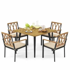 Tangkula 5 Pieces Patio Dining Set, 42.5” Square Acacia Wood Dining Table with 1.9” Umbrella Hole