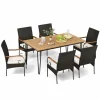 Tangkula 7 Pieces Patio Dining Set with Acacia Wood Dining Table, Rattan Armchairs, Soft Cushions