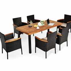 Tangkula 7 Pieces Patio Dining Set, Patiojoy Outdoor Conversation Set w/Acacia Wood Top Table & 6 Stackable Rattan Chairs