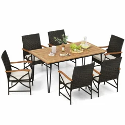 Tangkula 7 Pieces Patio Dining Set with Acacia Wood Dining Table, Rattan Armchairs, Soft Cushions