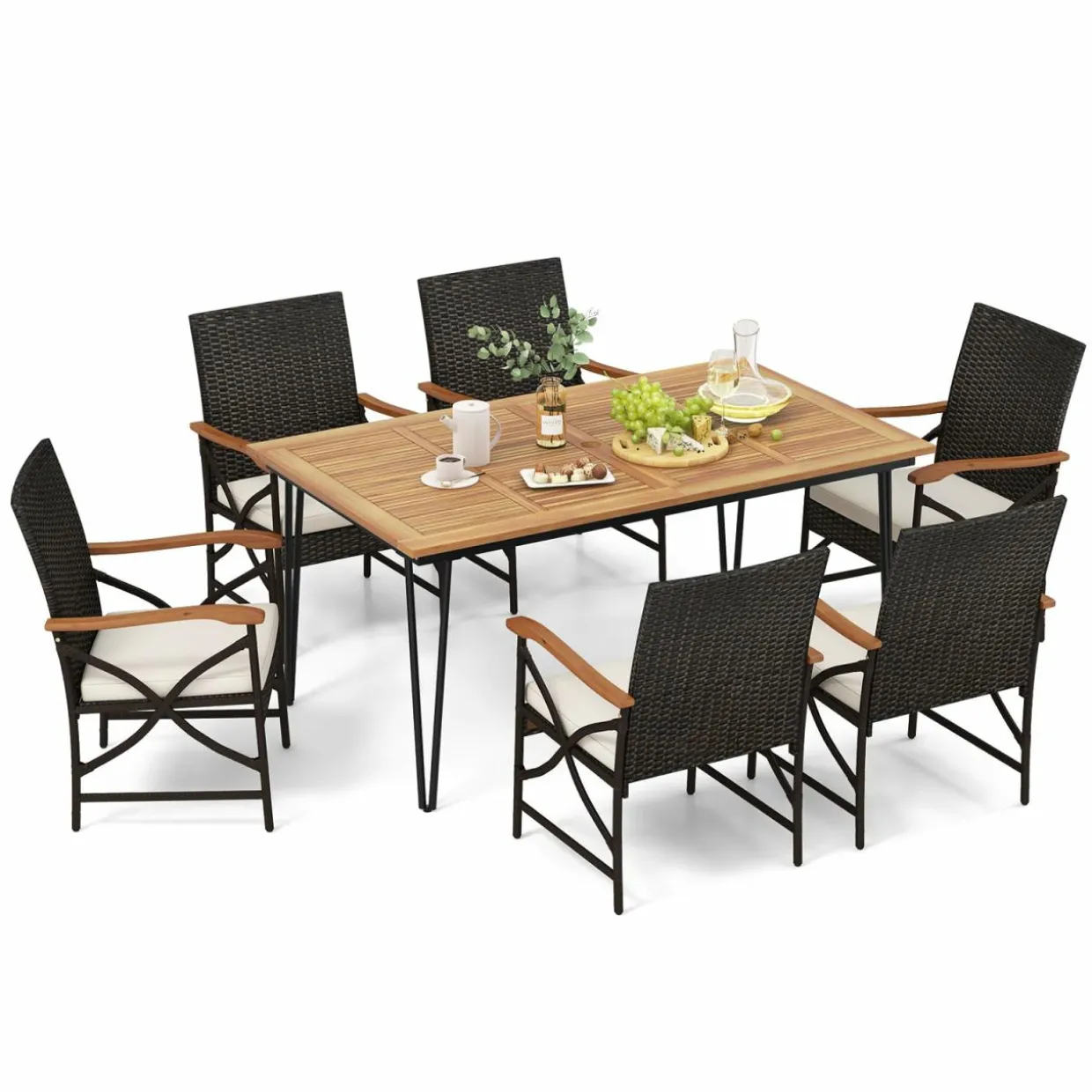 Tangkula 7 Pieces Patio Dining Set with Acacia Wood Dining Table, Rattan Armchairs, Soft Cushions