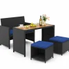 Tangkula 4 Pieces Patio Dining Set, Space Saving PE Rattan Loveseat with Acacia Wood Top Dining Table