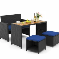 Tangkula 4 Pieces Patio Dining Set, Space Saving PE Rattan Loveseat with Acacia Wood Top Dining Table