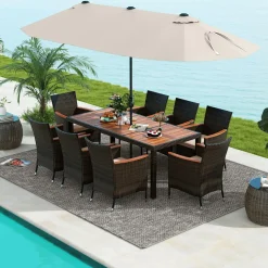 Tangkula 11 Pieces Patio Dining Set with 15ft Double-Sided LED Patio Umbrella (Base Included)