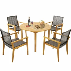 Tangkula 5 Pieces Patio Dining Set, 4 Patio Wicker Armchairs and Round Acacia Wood Dining Table