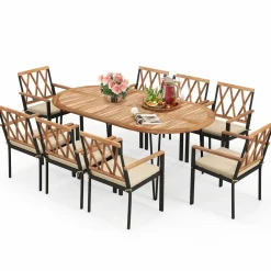 Tangkula 9 Pieces Patio Dining Set, Outdoor Dining Table with Acacia Wood Top & Umbrella Hole