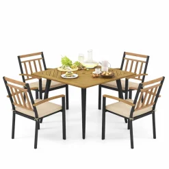 Tangkula 5 Pieces Patio Dining Set, Outdoor Dining Table and Chairs with Cushions, Square Acacia Wood Dining Table with Umbrella Hole