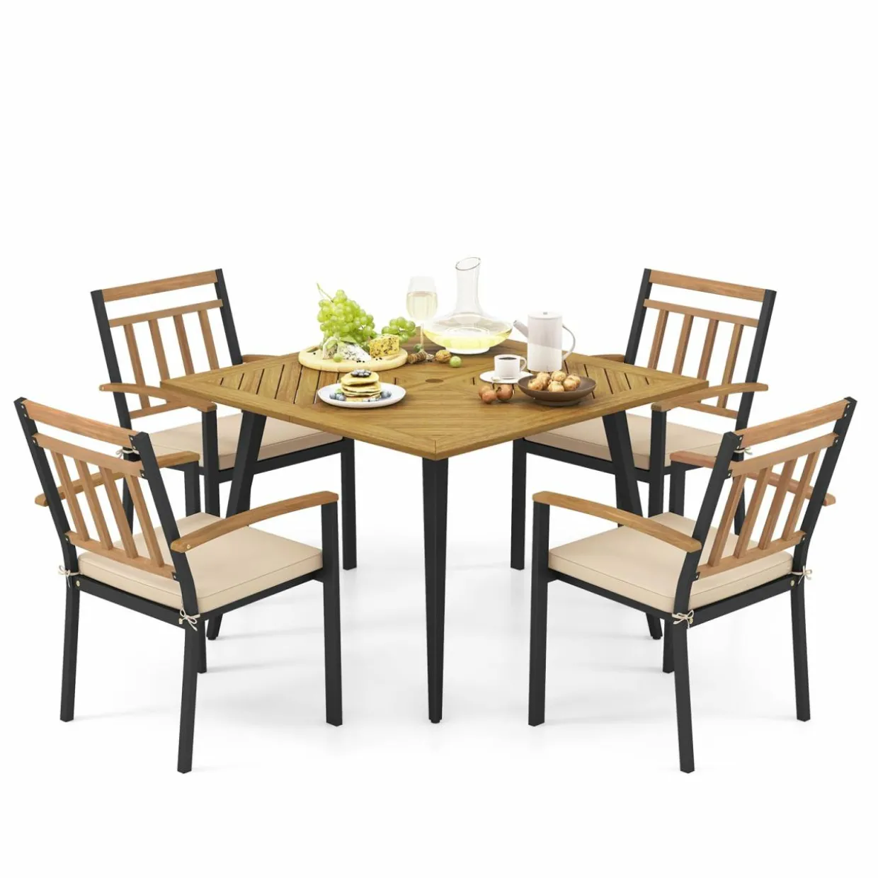 Tangkula 5 Pieces Patio Dining Set, Outdoor Dining Table and Chairs with Cushions, Square Acacia Wood Dining Table with Umbrella Hole