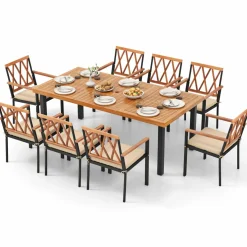 Tangkula 9 Pieces Patio Dining Set, Outdoor Acacia Wood Table and Chairs with Soft Cushions and 1.9” Umbrella Hole