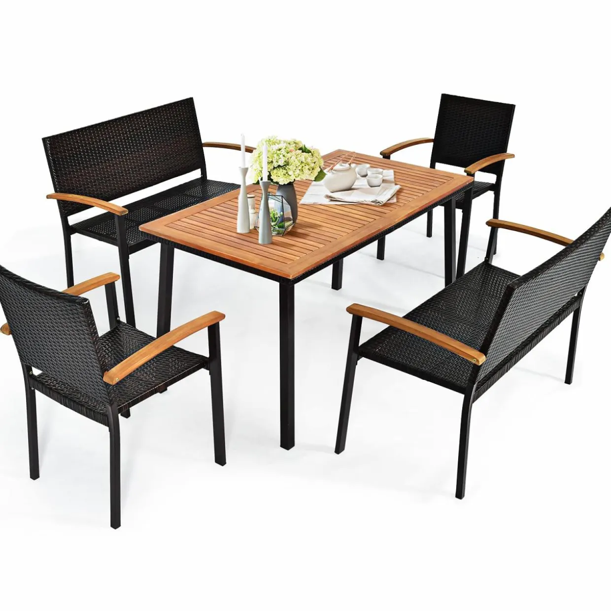 Tangkula 5 Pieces Patio Dining Set, Modern Conversation Set w/Solid Wood Table & Umbrella Hole for Backyard Garden Porch