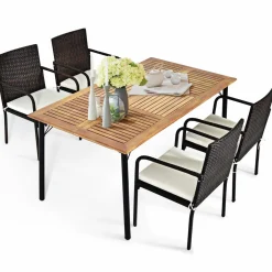 Tangkula 5 Pieces Patio Dining Set, Acacia Wood and Wicker Furniture Set w/2.16"Umbrella Hole for Backyard
