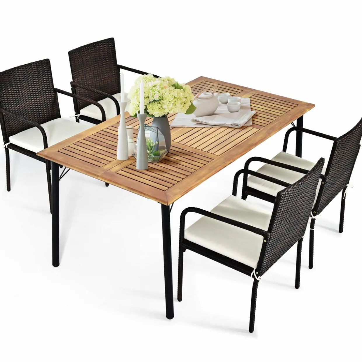 Tangkula 5 Pieces Patio Dining Set, Acacia Wood and Wicker Furniture Set w/2.16"Umbrella Hole for Backyard