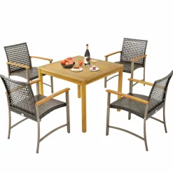 Tangkula 5 Pieces Patio Dining Set, 4 Wicker Armchairs and Square Acacia Wood Dining Table with 1.9” Umbrella Hole