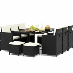 Tangkula 11 Pieces Patio Dining Set, Space-Saving Wicker Chairs & Tempered Glass Table with Ottomans