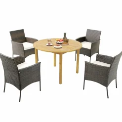 Tangkula 5 Pieces Patio Dining Set, 4 Cushioned Wicker Armchairs and Round Acacia Wood Dining Table