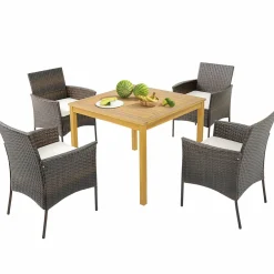 Tangkula 5 Pieces Patio Dining Set, 4 Cushioned Wicker Armchairs and Square Acacia Wood Dining Table