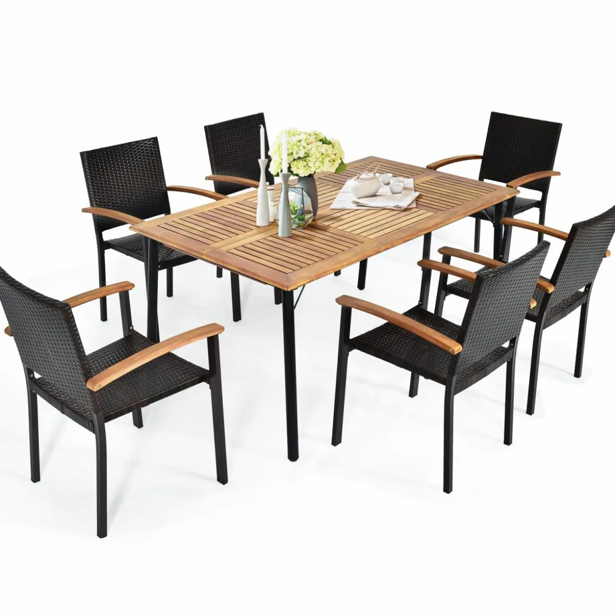 Tangkula 7 Pieces Patio Dining Set, Outdoor Dining Table Set with Acacia Wood Table Top, 6 Wicker Armchairs