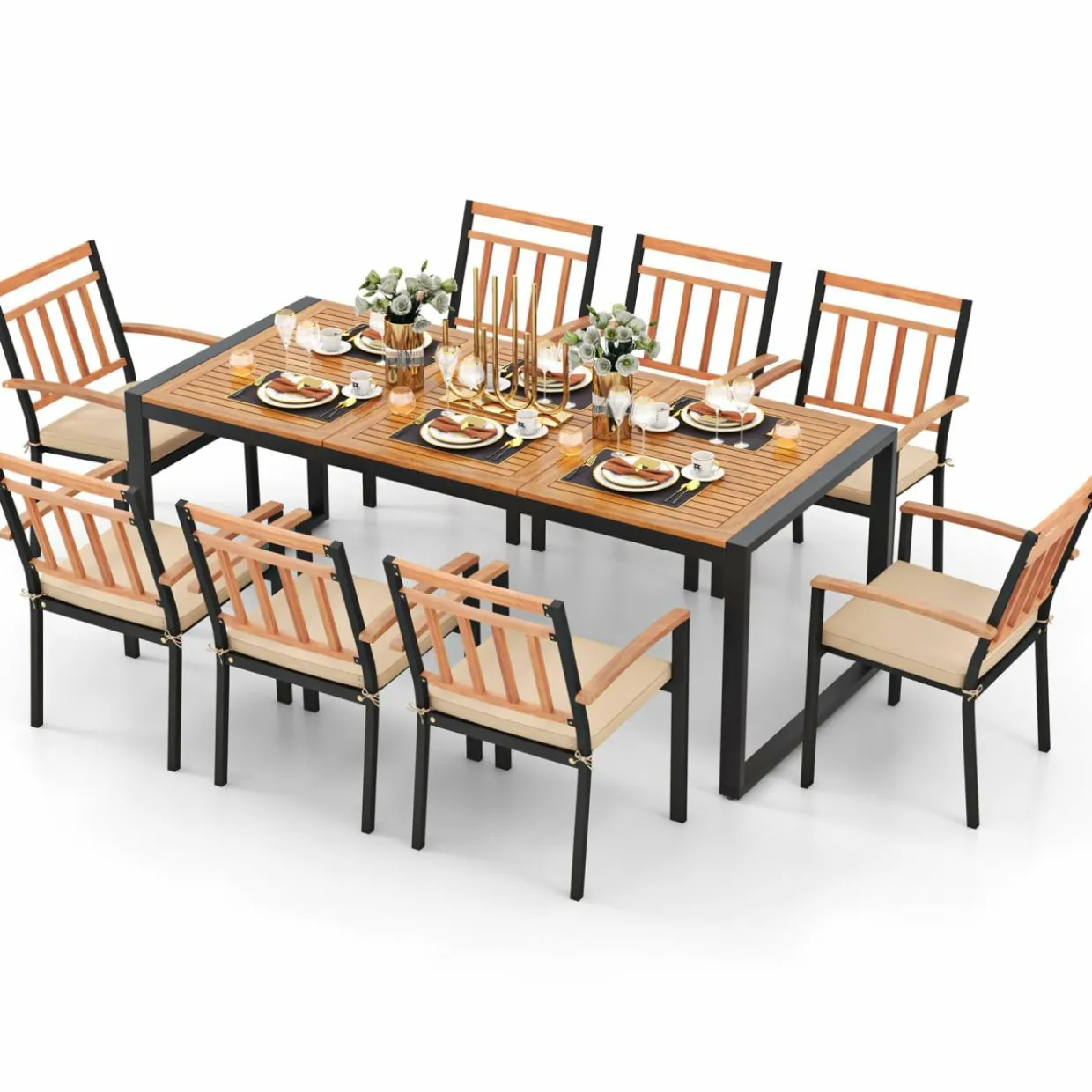 Tangkula 9 Pieces Patio Dining Set, Outdoor Acacia Wood Table and Chairs with Soft Cushions and 1.9” Umbrella Hole