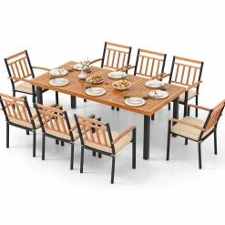Tangkula 9 Pieces Patio Dining Set, Outdoor Acacia Wood Table and Chairs with Soft Cushions and 1.9” Umbrella Hole