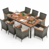 Tangkula 9 Pieces Patio Dining Set, , Outdoor Acacia Wood & Rattan Furniture Set with Cushions, Table & 8 Chairs
