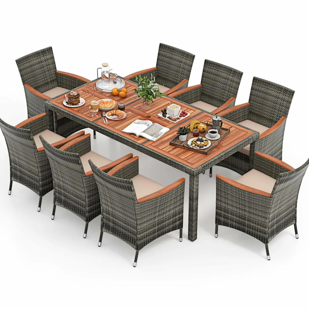 Tangkula 9 Pieces Patio Dining Set, , Outdoor Acacia Wood & Rattan Furniture Set with Cushions, Table & 8 Chairs