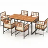 Tangkula 7 Pieces Patio Dining Set, Outdoor Acacia Wood Table and Chairs with Soft Cushions and Umbrella Hole