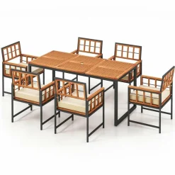 Tangkula 7 Pieces Patio Dining Set, Outdoor Acacia Wood Table and Chairs with Soft Cushions and Umbrella Hole