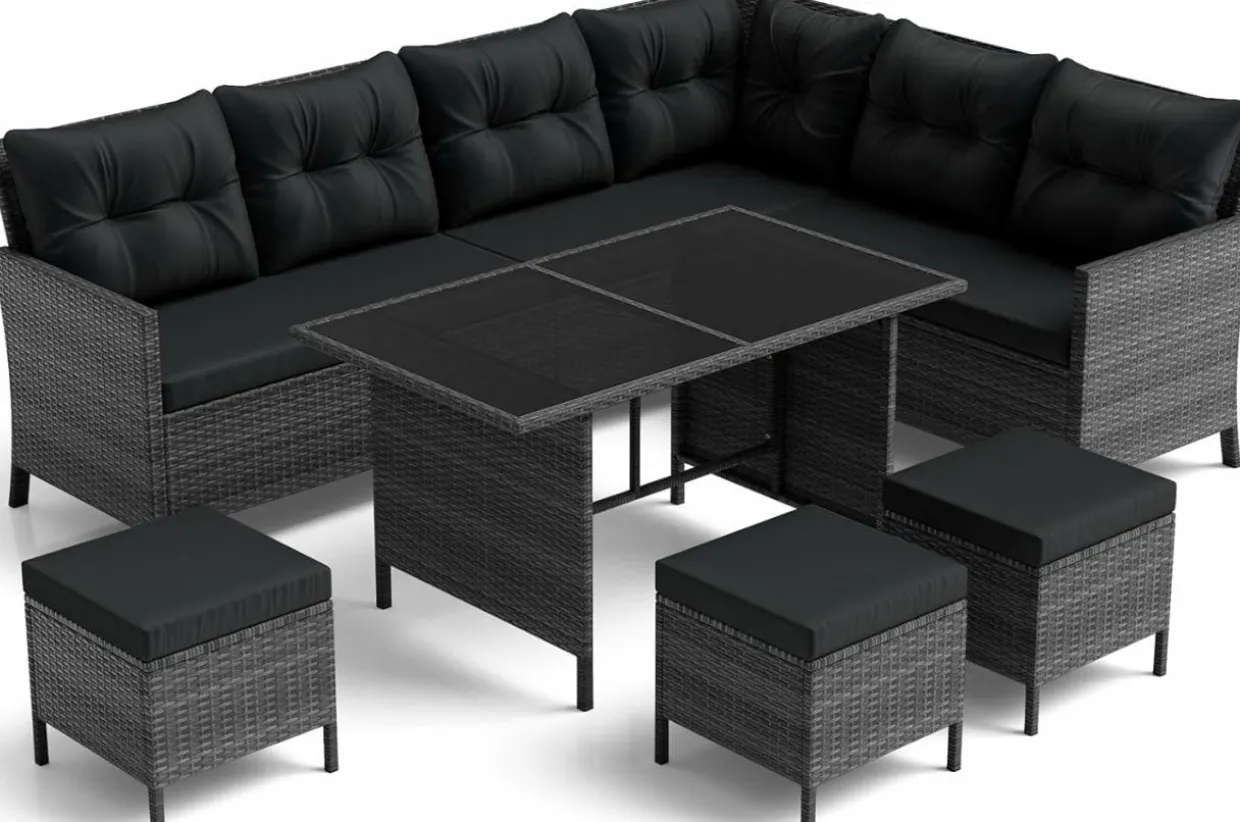 Tangkula 7 Pieces Patio Dining Furniture Set, Outdoor PE Rattan Sectional Sofa Set with Soft Cushions