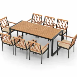 Tangkula 9 Pieces Patio Dining Set, Outdoor Acacia Wood Table and Chairs with Soft Cushions and 1.9” Umbrella Hole