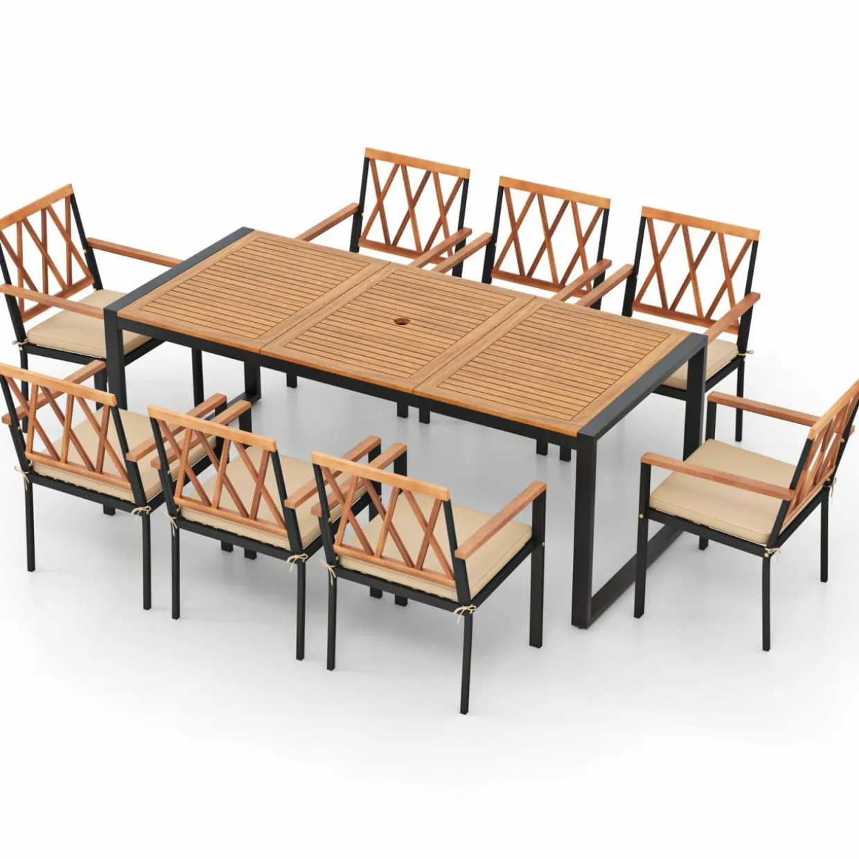 Tangkula 9 Pieces Patio Dining Set, Outdoor Acacia Wood Table and Chairs with Soft Cushions and 1.9” Umbrella Hole