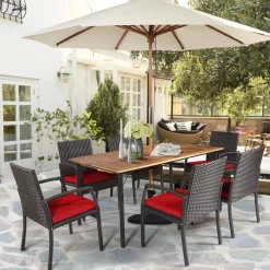 Tangkula 7 Pieces Patio Dining Set, Acacia Wood Wicker Dining Furniture Set with Sturdy Steel Frame & Umbrella Hole