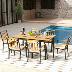 Tangkula 7 Pieces Patio Dining Set with Acacia Wood Dining Table & Armchairs, Soft Cushions, 2” Umbrella Hole
